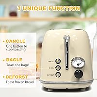 Vista 4 de Tostadora de 2 rebanadas, KitchMix Retro de acero inoxidable con 6 ajustes, ranuras extra anchas de 1.5 pulgadas, función de Crema