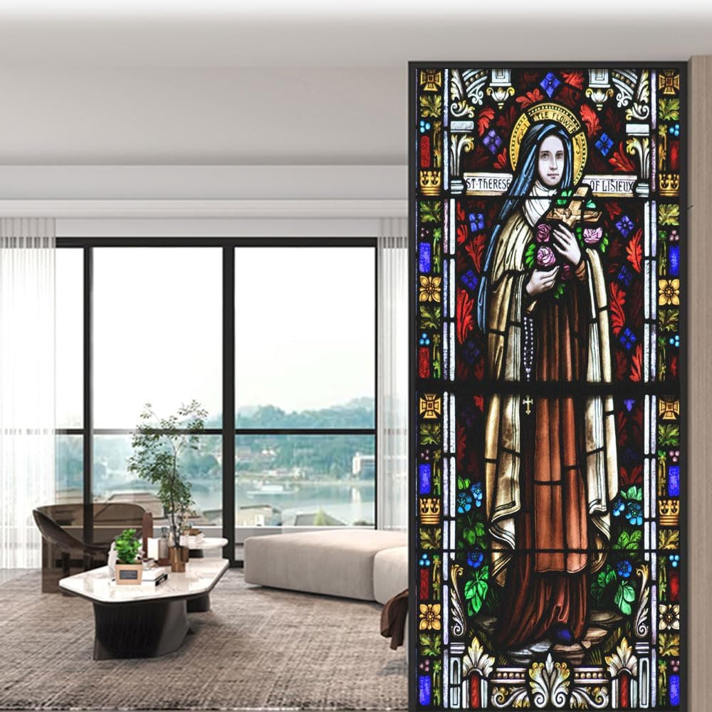 Static Electricity Frosted Privacy Window Film Anti UV Blocking Heat Control Window Sticker Cathedral Painting Glass Window Decoration W31.5 x H59.1(80x150cm)