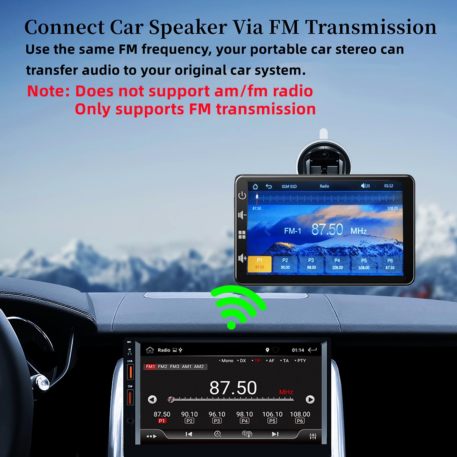 Pantalla de Coche con Carplay y Android Auto inalambricos: Radio Portatil de 7 Pulgadas con Pantalla Tactil, Mirror Link - Carplay Pantalla para Coche con Control de Asistencia por Voz/Sin Instalacion