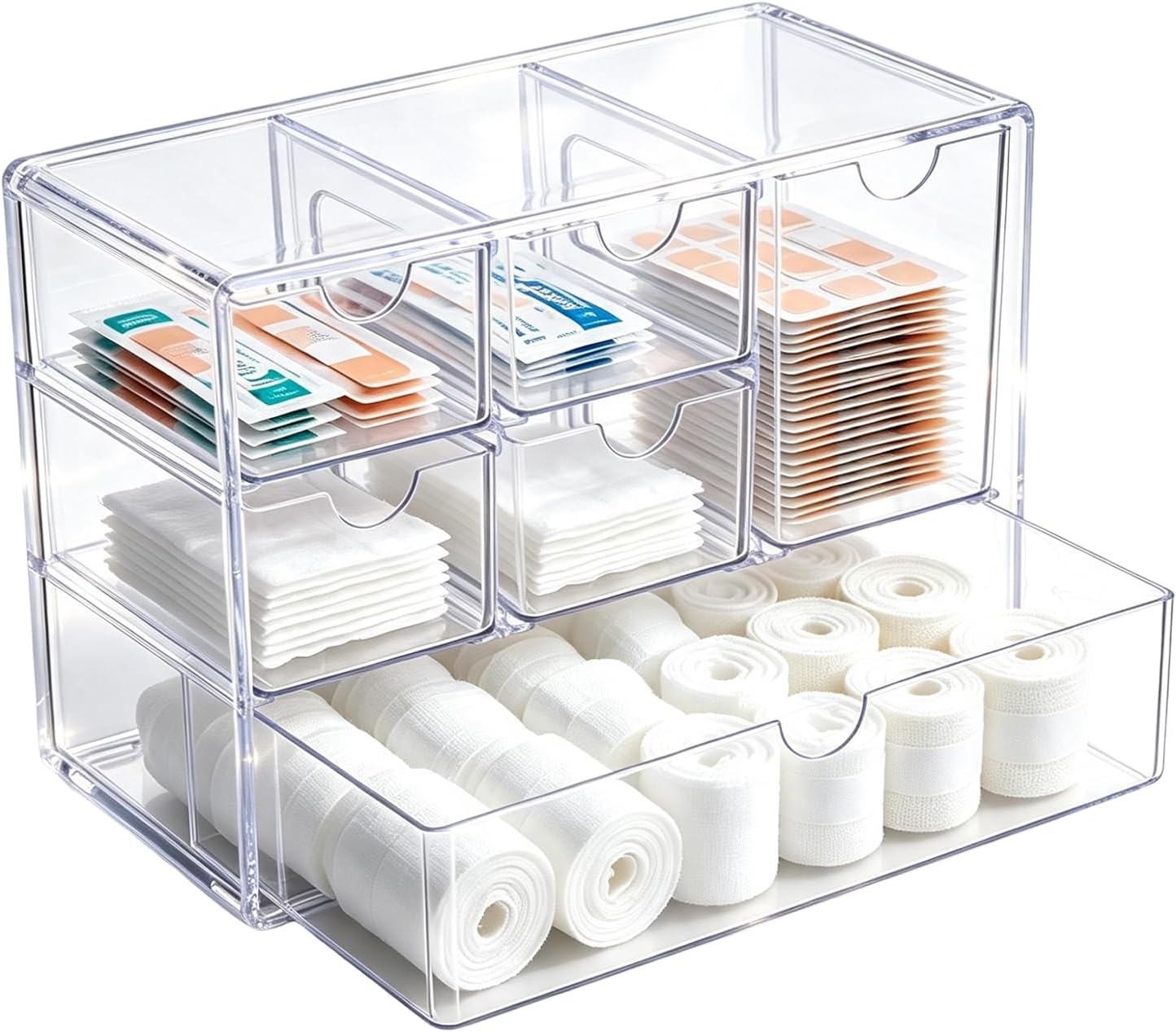Bandaid Organizer 6 Clear Drawers Stackable Acrylic Medicine Storage Box with Flip Cover Multiple Compartments Bandage Holder for Closet Cabinet Pantry Bathroom Home Office Organization