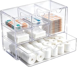 Bandaid Organizer 6 Clear Drawers Stackable Acrylic Medicine Storage Box with Flip Cover Multiple Compartments Bandage Holder for Closet Cabinet Pantry Bathroom Home Office Organization