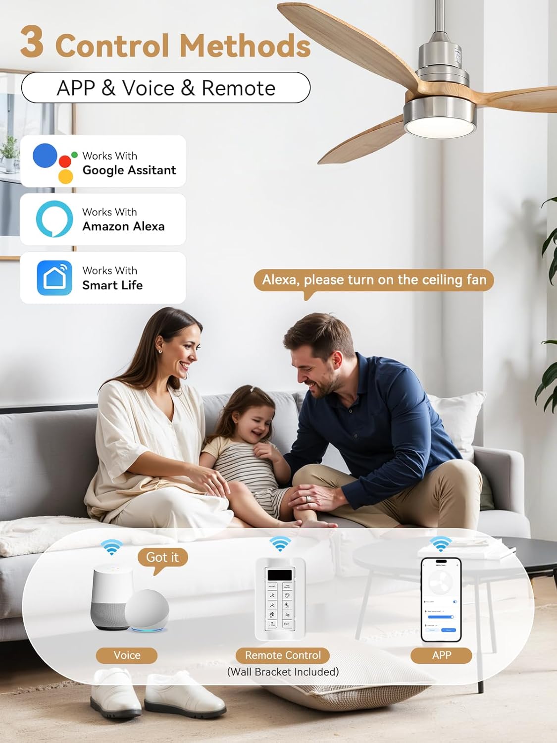 Sofucor 52 Inch Solid Wood Smart Ceiling Fans with Lights and Remote, Works with App/Alexa/Google, 6-Speed Outdoor Ceiling Fan with Light, 3 Blade Ceiling Fan, Quiet DC Motor for Living Room Patio