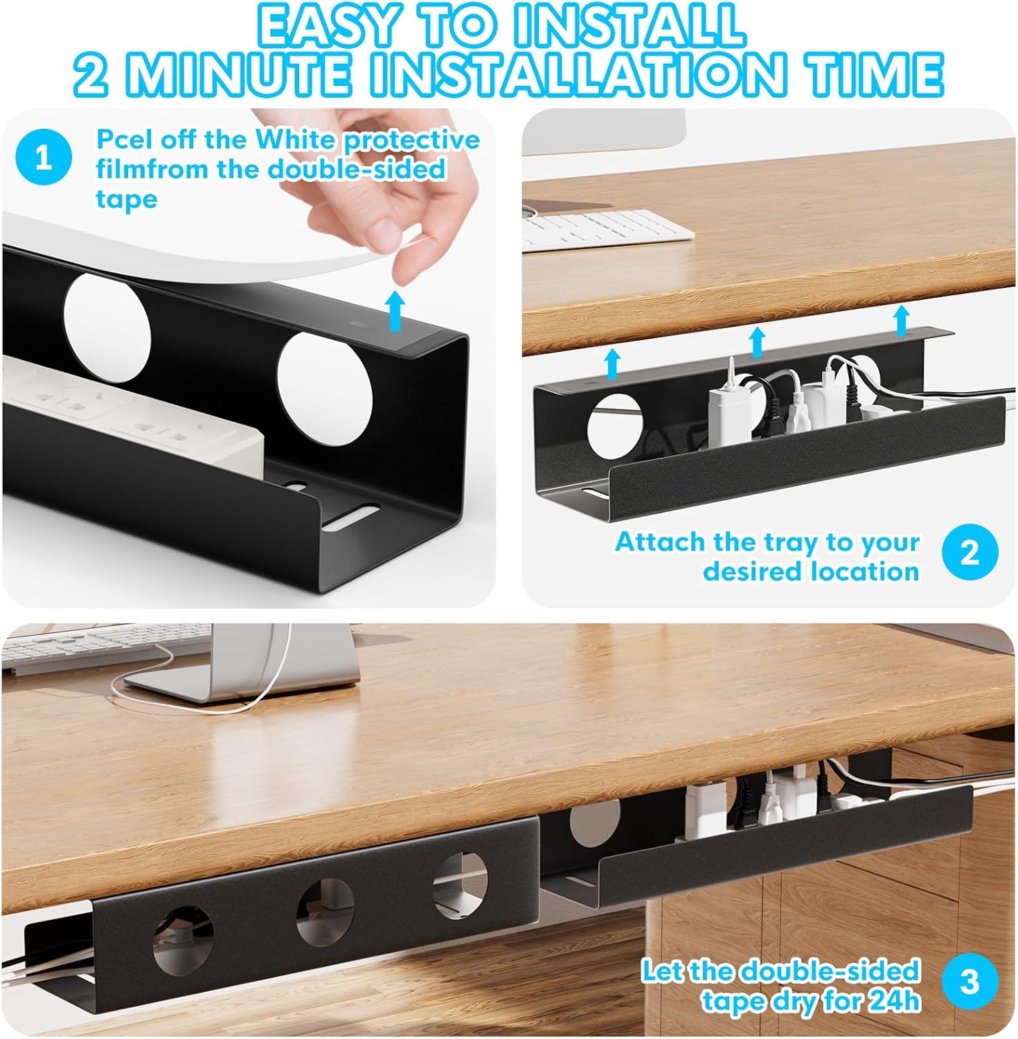 Self-Adhesive Under Desk Cable Management Tray 2 Pcs Steel Under Desk Wires Organizer Power Strip Management No Drill Under Table Organizer for Cable Storage Holder for Office Home Table