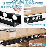 Vista 4 de Self-Adhesive Under Desk Cable Management Tray 2 Pcs Steel Under Desk Wires Organizer Power Strip Management No Drill Under Table Organizer for