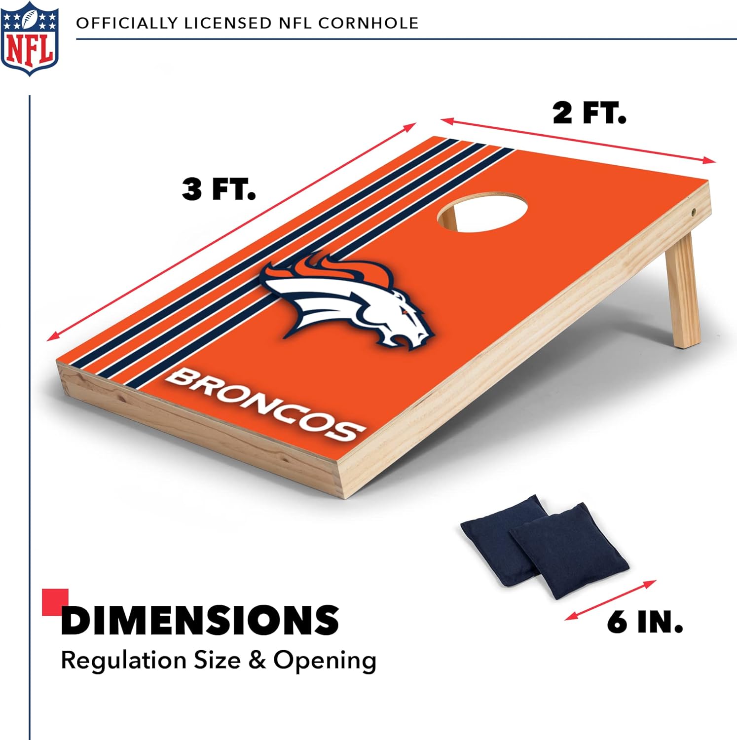 Wild Sports 2' x 3' Solid Wood Cornhole Set with Direct Print HD Team Graphics – Great Gift for Any Football Fan! Bean Bag Toss Family Outdoor Games – NFL Denver Broncos