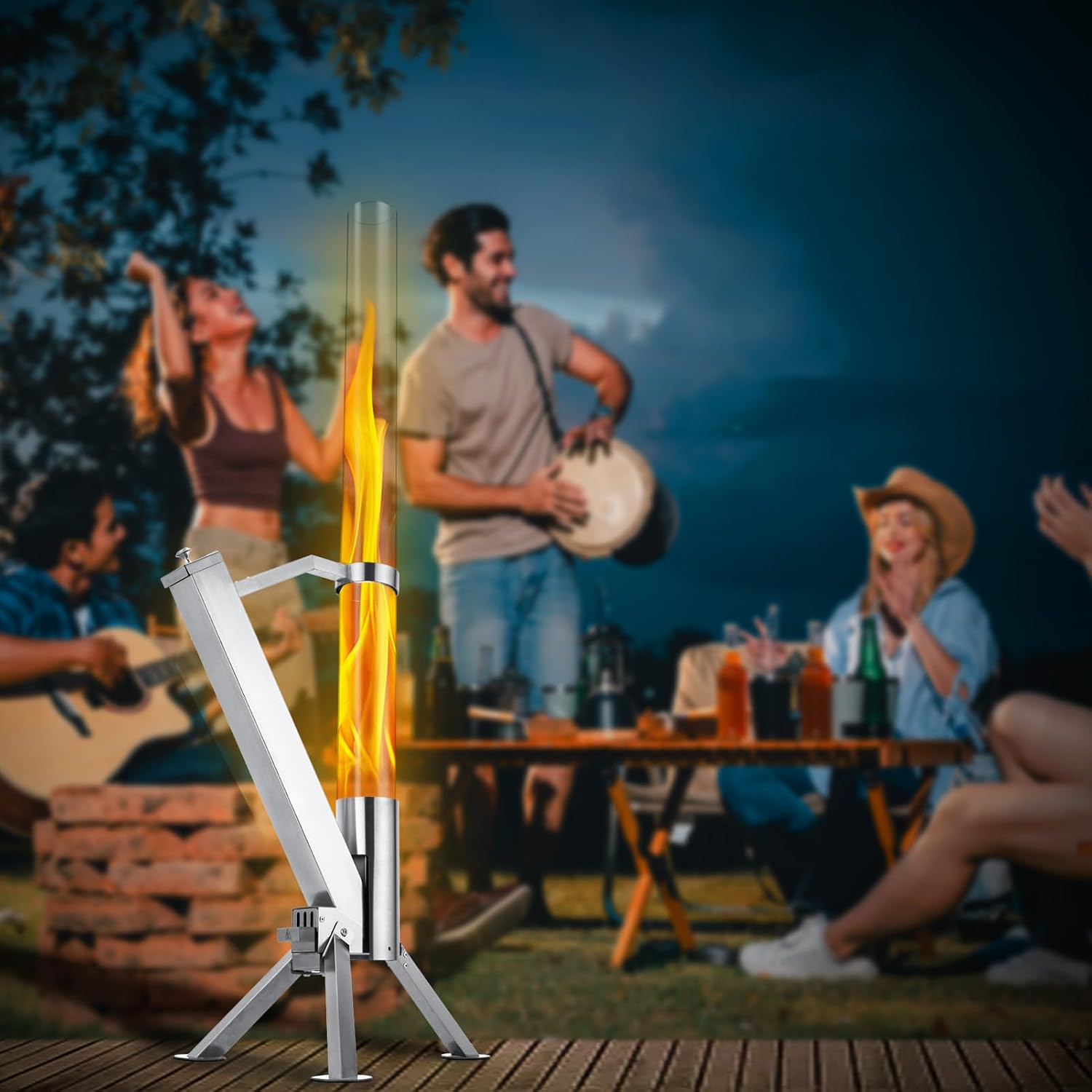 StarEcho Portable Wood Pellet Heater for Outdoor,Patio Pellet Rocket Glass Tube for Yard,Wood Fire Pit with Party(Silver)