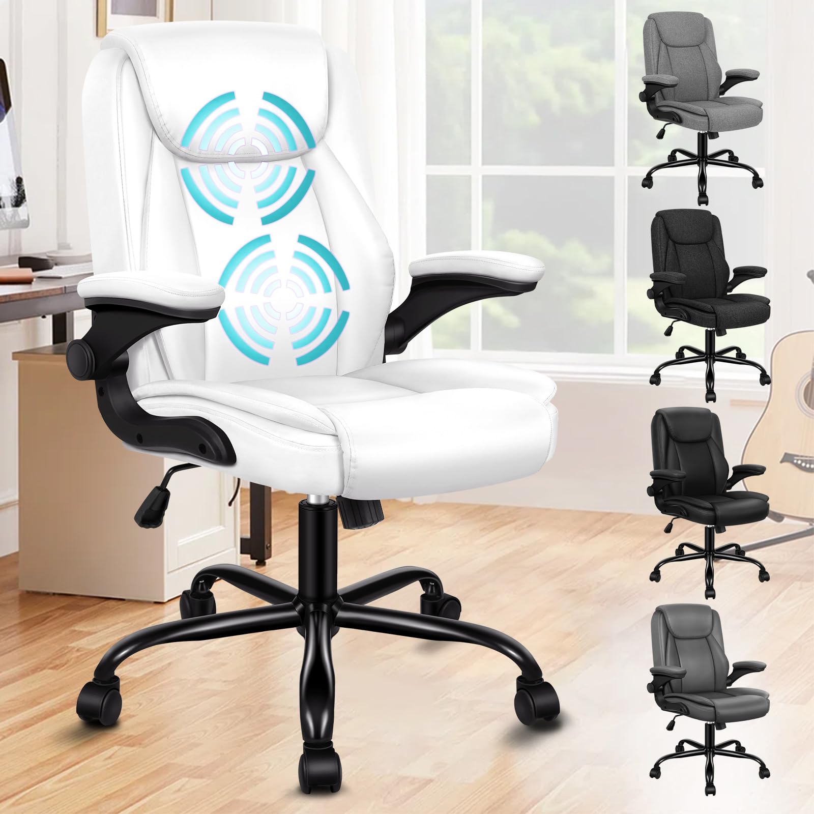 ALFORDSON Ergonomisch Bürostuhl Massage Chefsessel, Schreibtischstuhl Armlehnen höhenverstellbarer, Drehstuhl Wippfunktion 90°-135°, Computerstuhl mit Rollen,Besprechungsstuhl Pu Leder, Weiß
