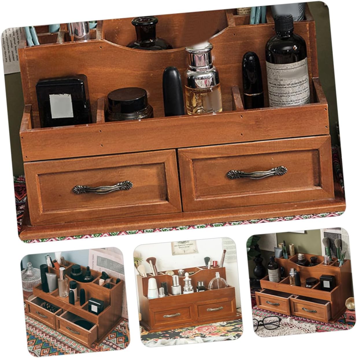 Vintage Multi-functional Solid Wood Drawer Organizer with Design Large Capacity Jewelry and Makeup Storage for Desktop Bedroom Office Sundries and Skincare Arrangement