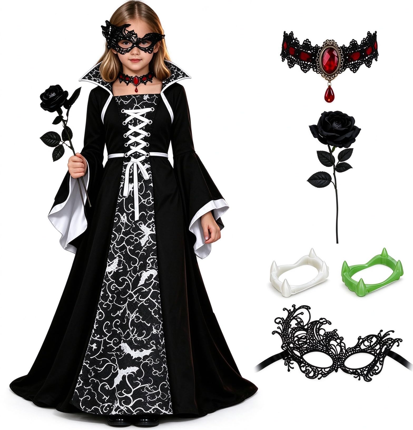Girls Halloween Costumes Vampire Dress, Kids Vampire Costume with Mask Choker Rose & Fangs, Gothic Victorian Long Sleeve Fancy Dress Outfit for Girls, Halloween Costumes for Kids