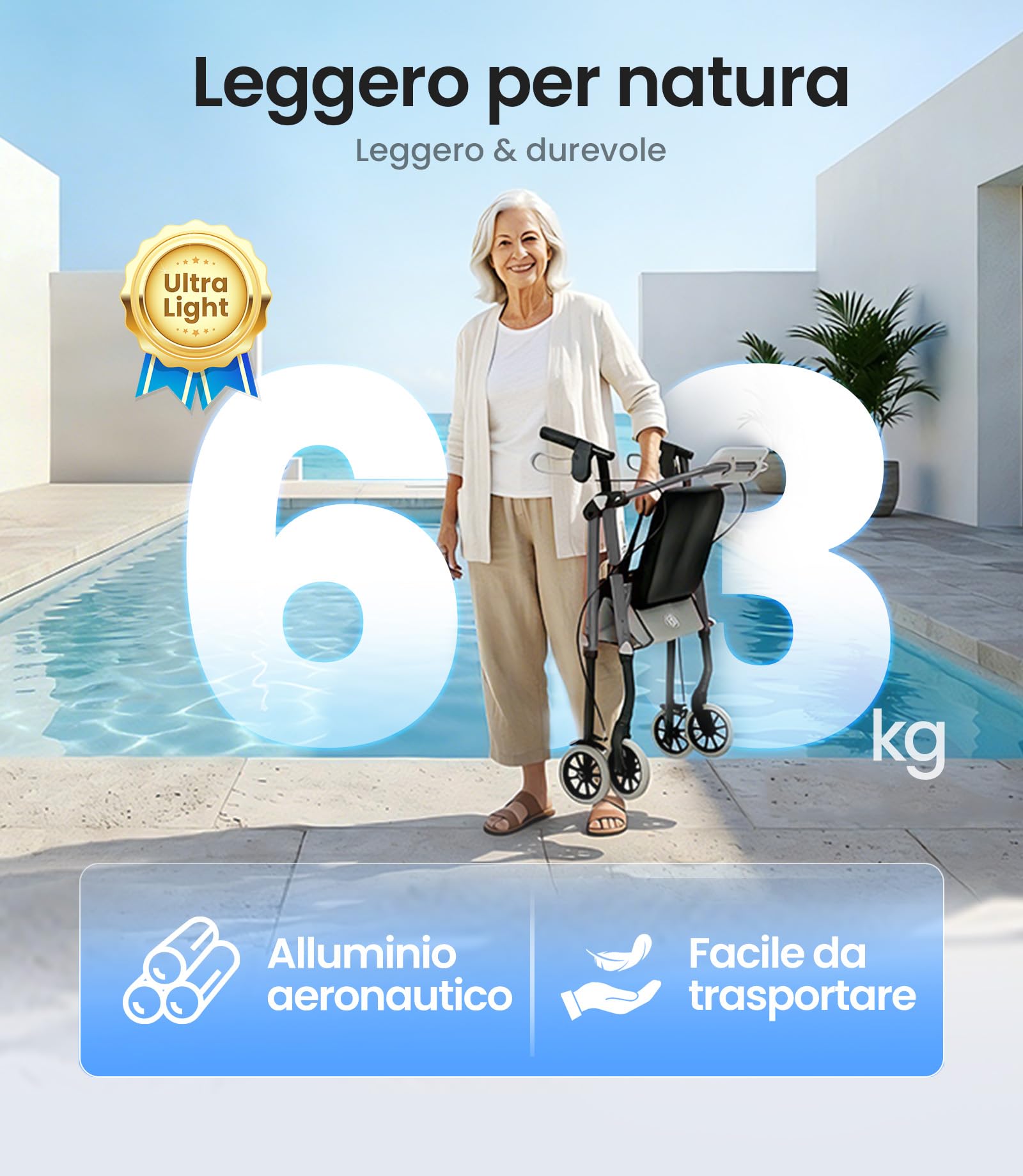 VOCIC Deambulatore pieghevole e leggero con seduta, 6,3 kg ultraleggero | Deambulatore per anziani, max 150 kg, sedile ergonomico, altezza regolabile, walker stretto per casa & viaggi, argento