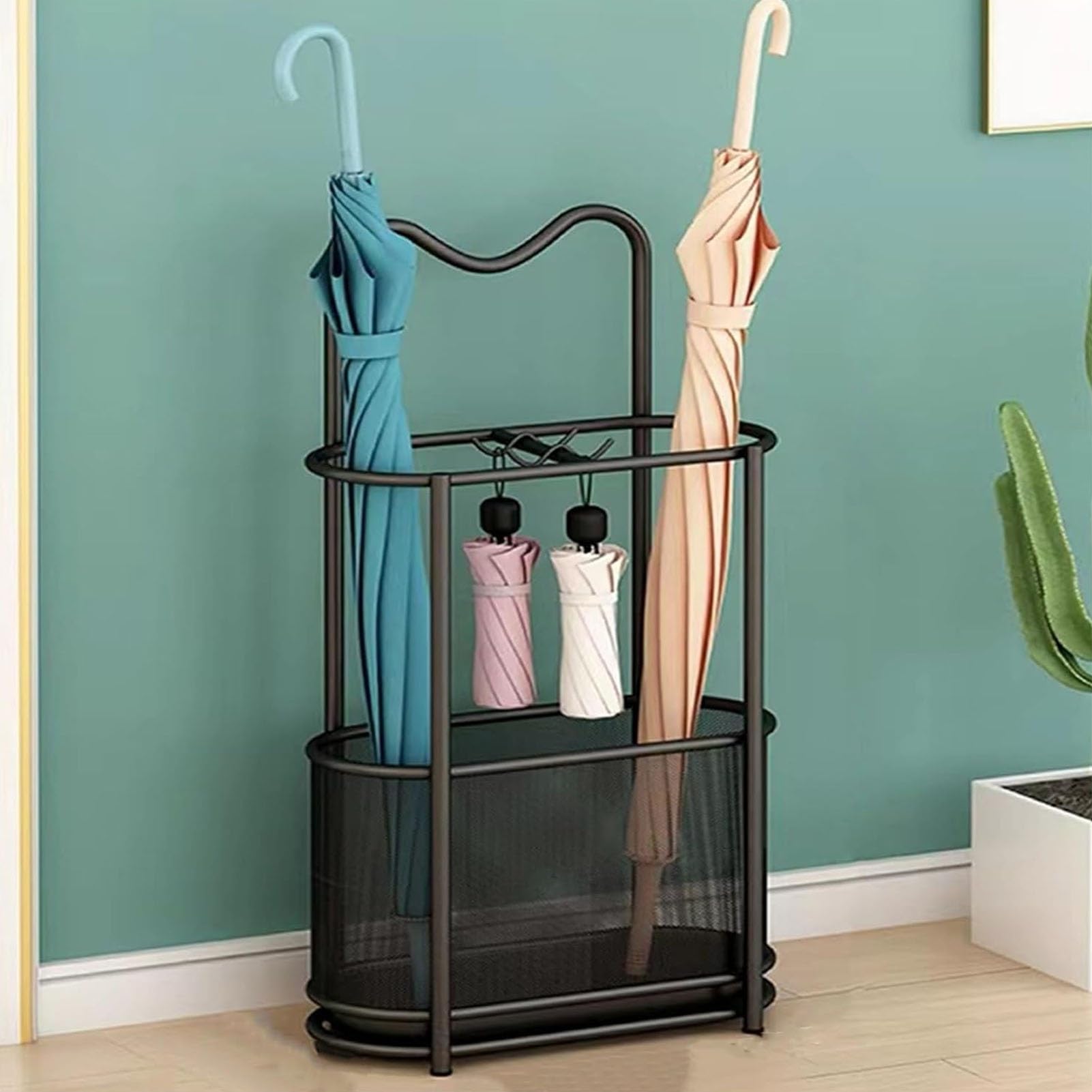 Porte-parapluies d'intérieur grand format noir en métal avec bac d'égouttement pour l'entrée