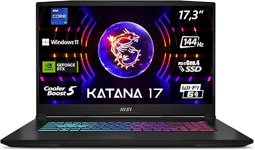 MSI Katana 17 B13VGK-671, Gaming Laptop, 43,9 cm (17,3 Zoll) FHD, 144 Hz, Intel Core i9-13900H, 16 GB DDR5-5200, 1 TB SSD, NVIDIA GeForce RTX 4070, Windows 11 Home, QWERTZ Tastatur, Schwarz