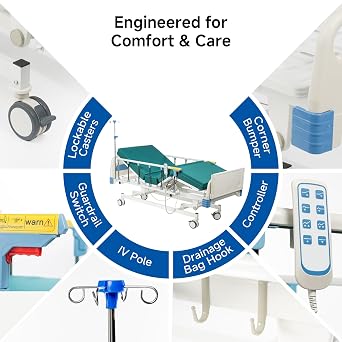 Hospital Bed Electric 3 Function, 5-Inch Locking Casters for Home Hospital Use, 530LBS Loading, with Remote Control, IV Pole, Mattress, Dining Table, Includes Sheets (2X)