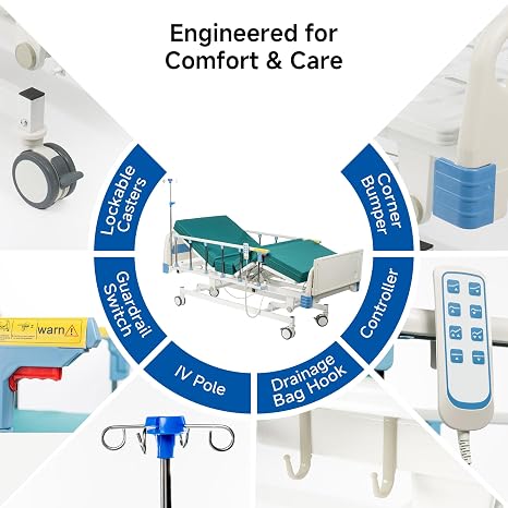 Hospital Bed Electric 3 Function, 5-Inch Locking Casters for Home Hospital Use, 530LBS Loading, with Remote Control, IV Pole, Mattress, Dining Table, Includes Sheets (2X)