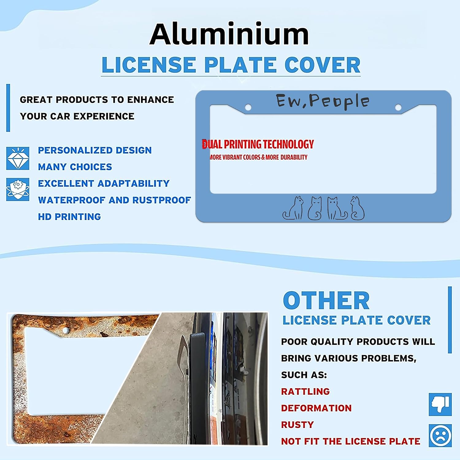 Ew People Funny Cat License Plate Frame Blue Aluminum Car Tag Cover 12x6 image 3