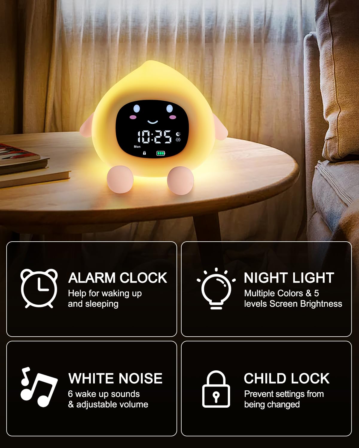 Kinderwecker, Niedlicher Wecker in Pfirsichform für Kinder, Schlaftrainer Kinder mit 9 RGB Farb Nachtlicht, 6 Beruhigende Klänge,Snooze-Funktion, Wake Up Lichtwecker für Mädchen und Jungen
