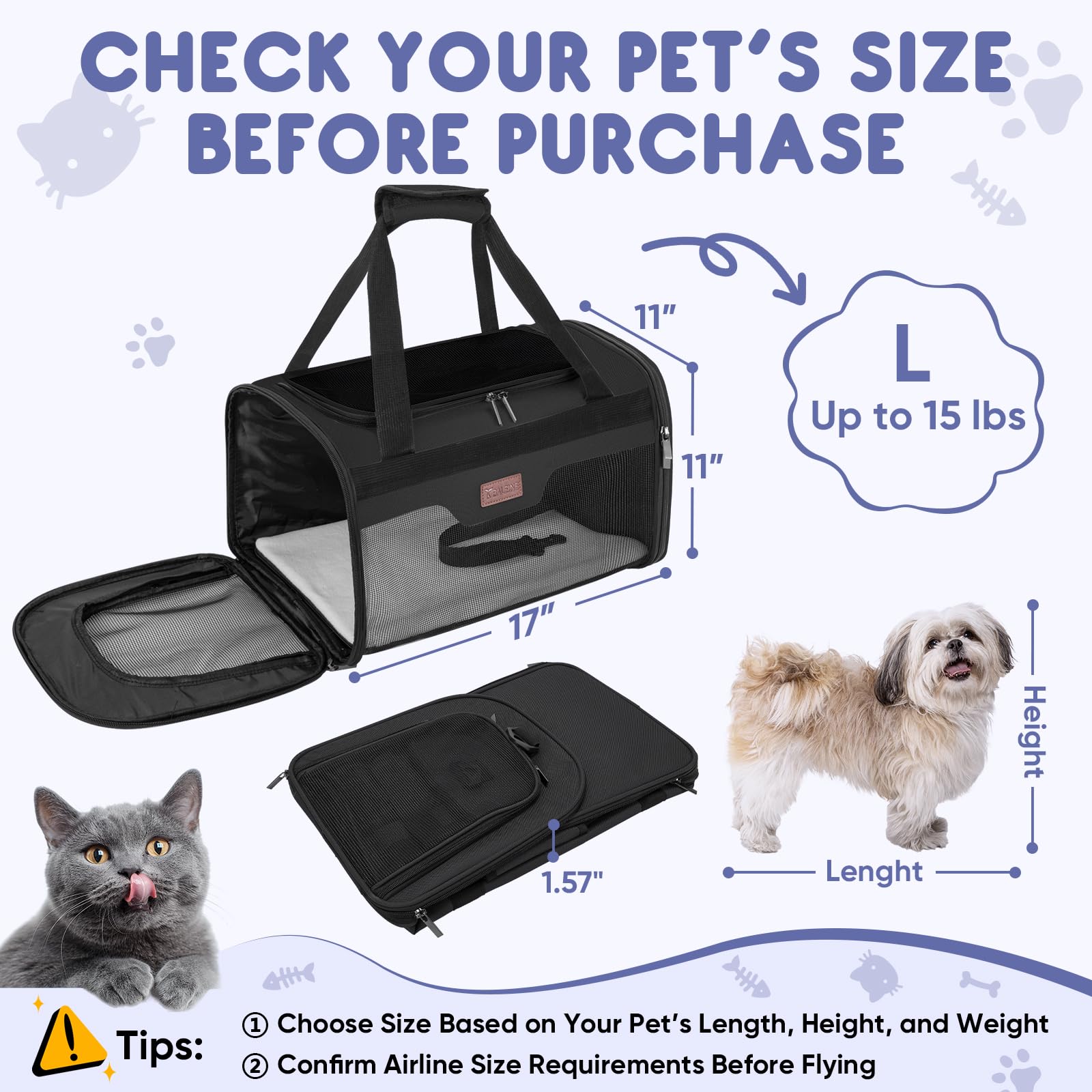 BALEINE Transportador para gatos y cachorros para mascotas pequeñas y medianas de hasta 15 libras, bolsa de viaje para perros de lados suaves con cremalleras de seguridad, funda de transporte plegable