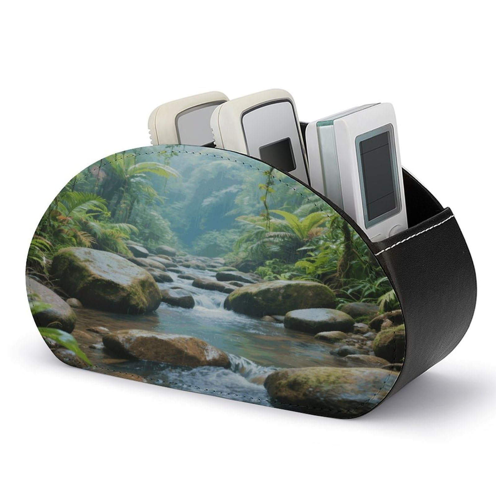 VstaDank Rainforest Stream Beach Remote Control Holder with 5 Compartments PU Leather TV Remoter Caddy Desktop Organizer TV Remote Holder Remote Box for Media Controllers Office Supplies
