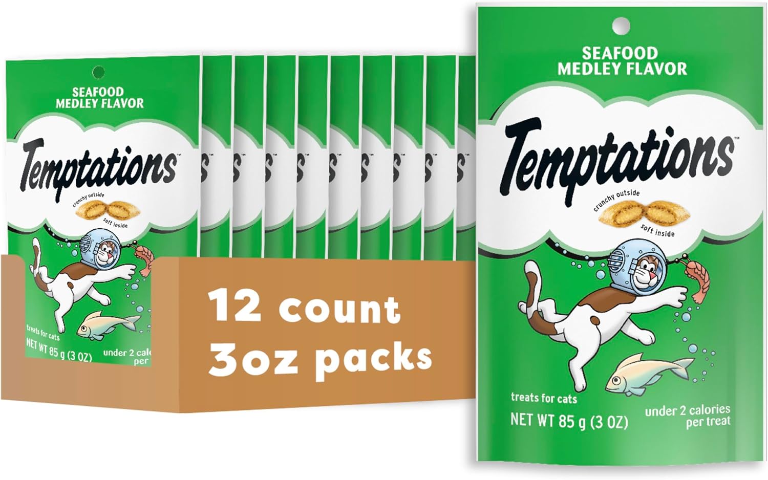 Temptations Cat Treats, Classic Crunchy and Soft Cat Treats, Seafood Medley Flavor, 3 oz. Pouch (Pack of 12)