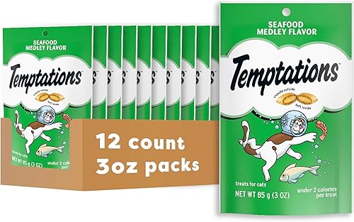 Temptations Classic Crunchy and Soft Cat Treats, Seafood Medley Flavor, bolsa de 3 onzas (paquete de 12)