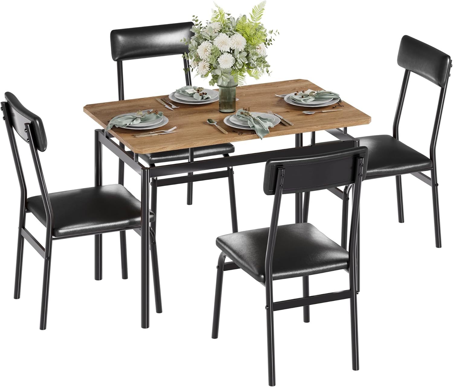 Garvee 5 Piece Dining Table Set, Wooden Kitchen Table Set with 4 PU Upholstered Chair, Industrial Metal Frame Dinette Set for Dining Room, Home Dinner, Party, Apartment, Studio, Black