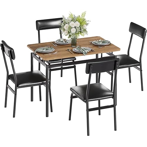IDEALHOUSE 5 Piece Dining Room Table Set, Kitchen Table Set for 4 with Brown Wooden Grain Kitchen Table and 4 PU Upholstered Metal Chairs, Dining Room Set for Small Space,Home Dinner(4 Black Chairs)