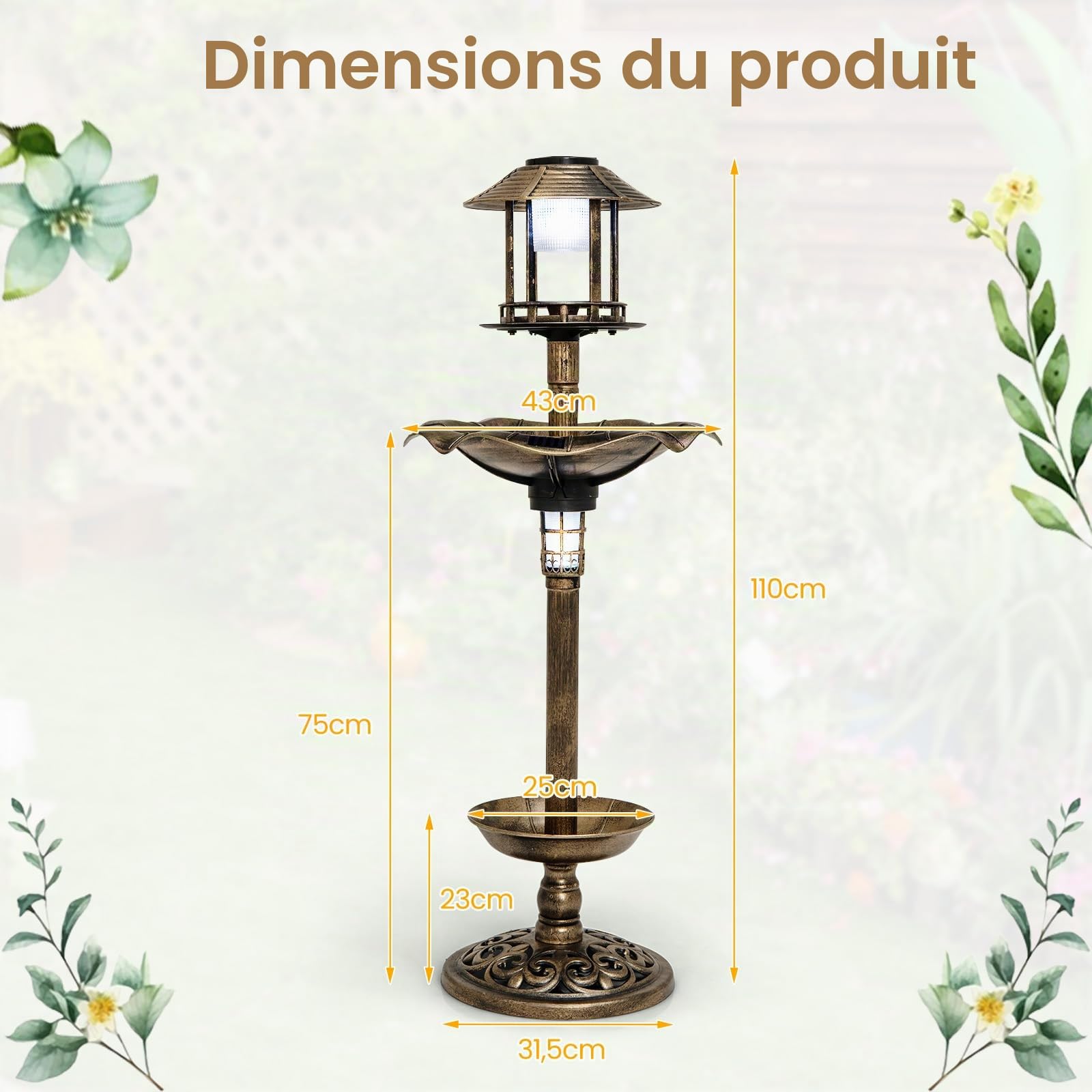 SOARS Mangeoire Oiseaux 2 Lampes à Energie Solaire Ø43 x 110H cm, Abreuvoir pour Oiseaux Sauvages Décoration pour Extérieur Style Antique Effet Bronze, Bain Oiseau pour Jardin, Balcon (Bronze Jaune) | Bain d'oiseaux antirouille avec pot de fleurs et mange