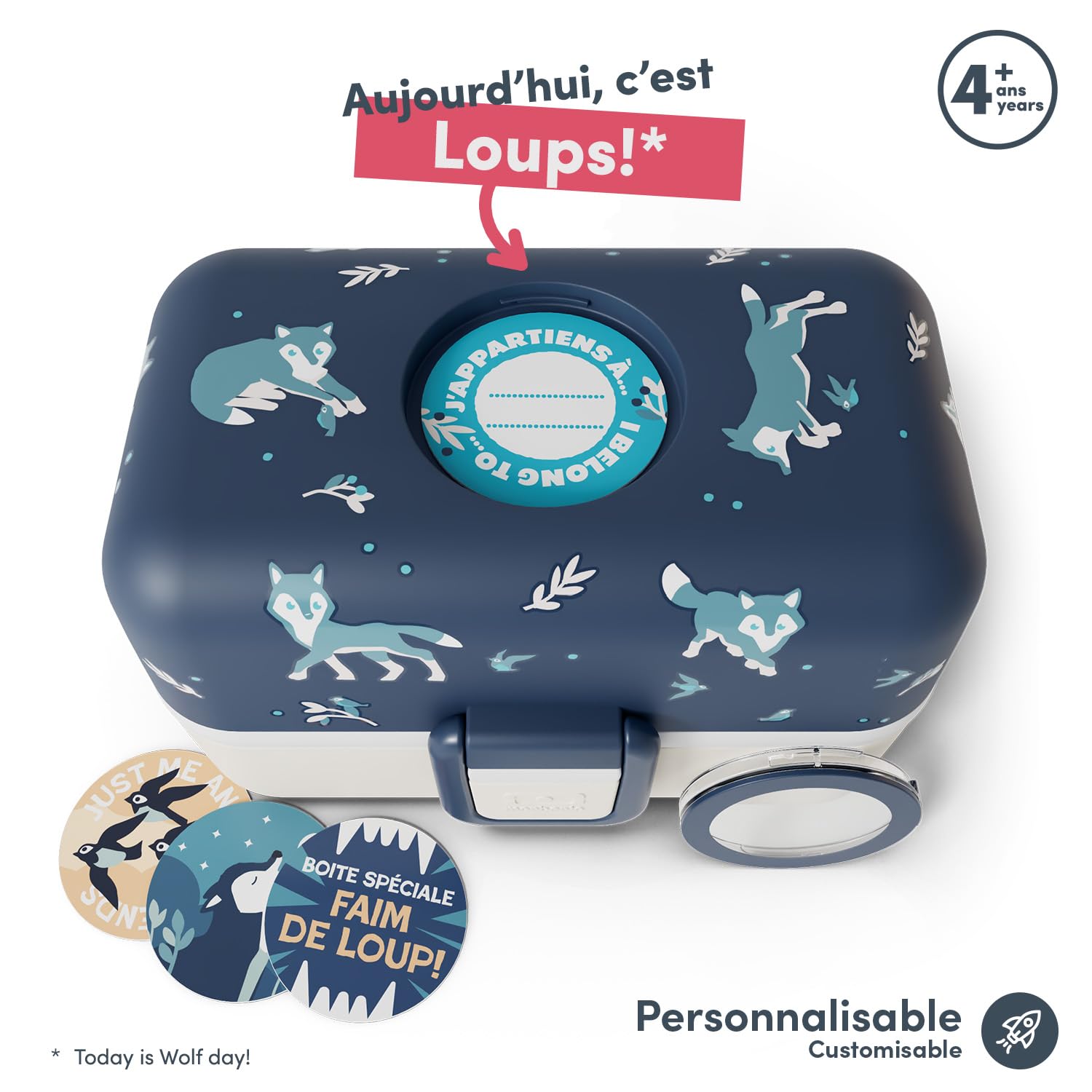 monbento Pudełko na lunch Bento dla dzieci Tresor Blue Wolf – 3-komorowe pudełko na lunch dla dzieci – idealne na podróż / piknik – konfigurowalne pudełko na przekąski, nie zawiera BPA i wytrzymałe