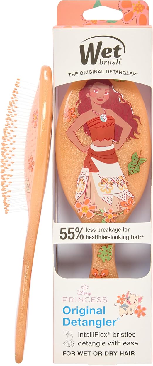 Wet Brush Spazzola districante originale Disney Princess Moana per rimuovere i nodi, senza dolore, setole flessibili per districare i fili bagnati o asciutti, funziona su tutti i tipi di capelli