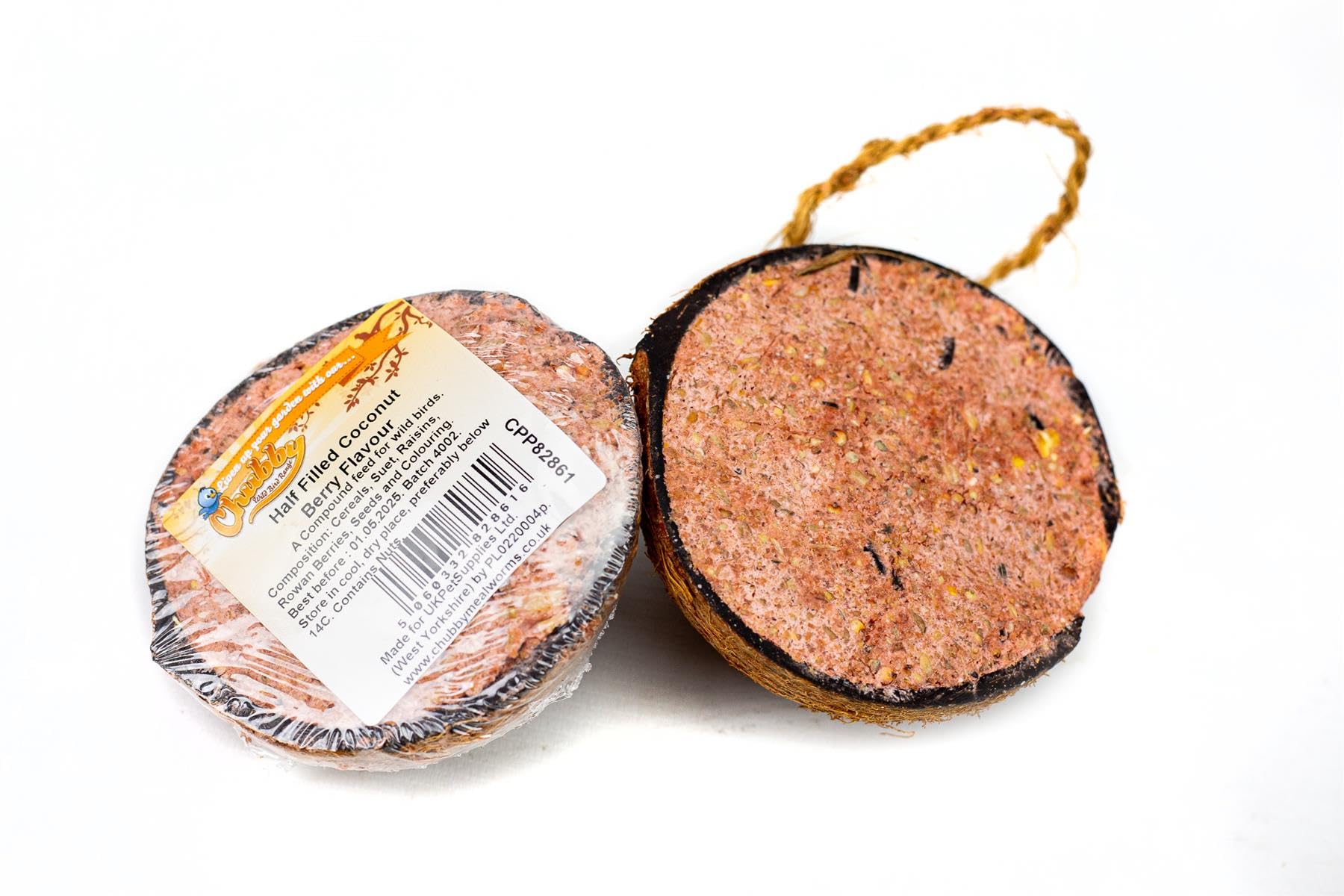 Chubby Suet Half Filled Coconuts Berry, Bird Feeder Coconut Halves, for Wild Birds, Coconut Shell Suet Birds Food, Suet for Blackbirds, Woodpeckers, Starlings & Sparrows (2 Pack)