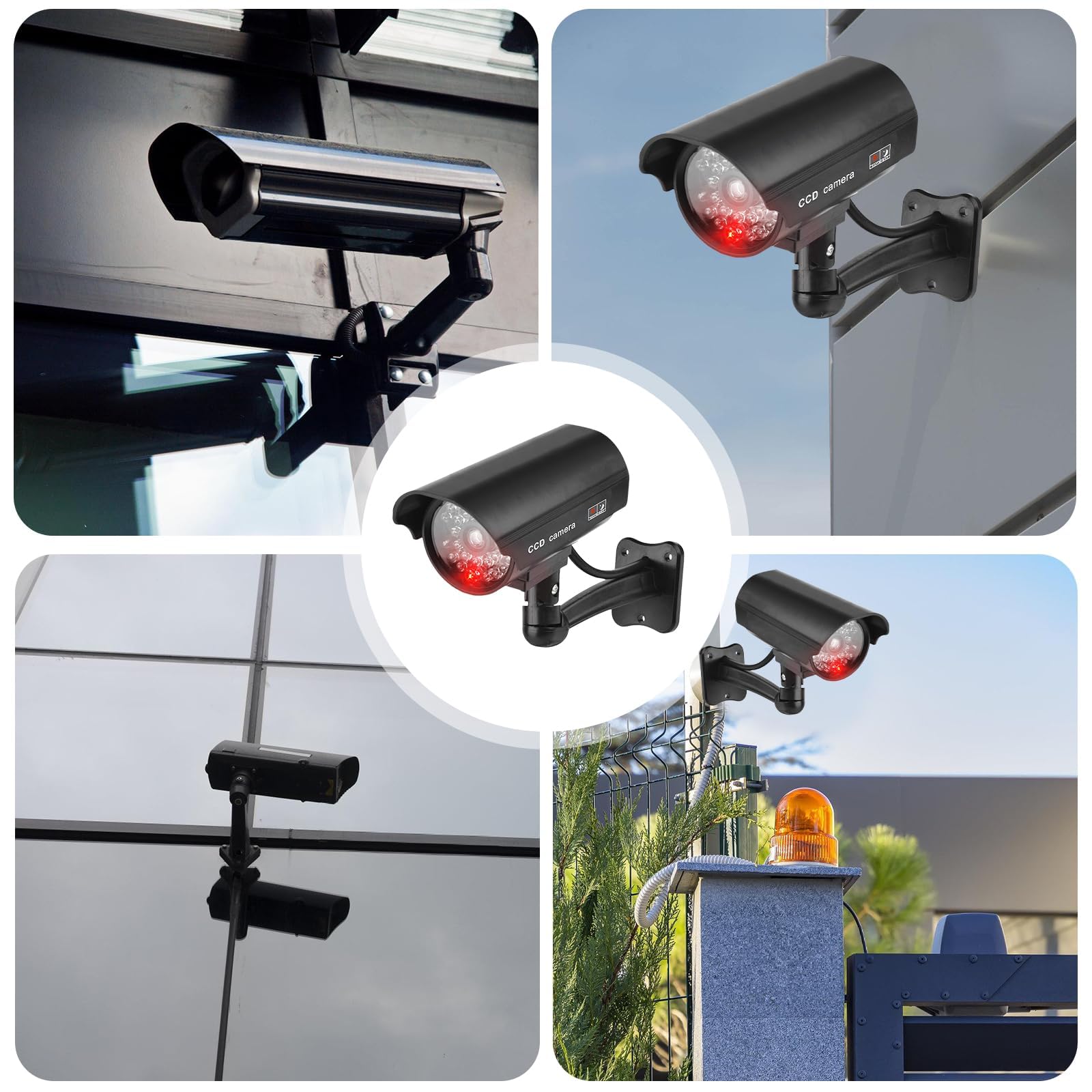 GOMETY 4 fotocamere Atrappe esterne, finte fotocamera con LED rosso lampeggiante, telecamera di sorveglianza, per esterni, CCTV, manichino, telecamera di sicurezza per interni ed esterni (nero) (4)