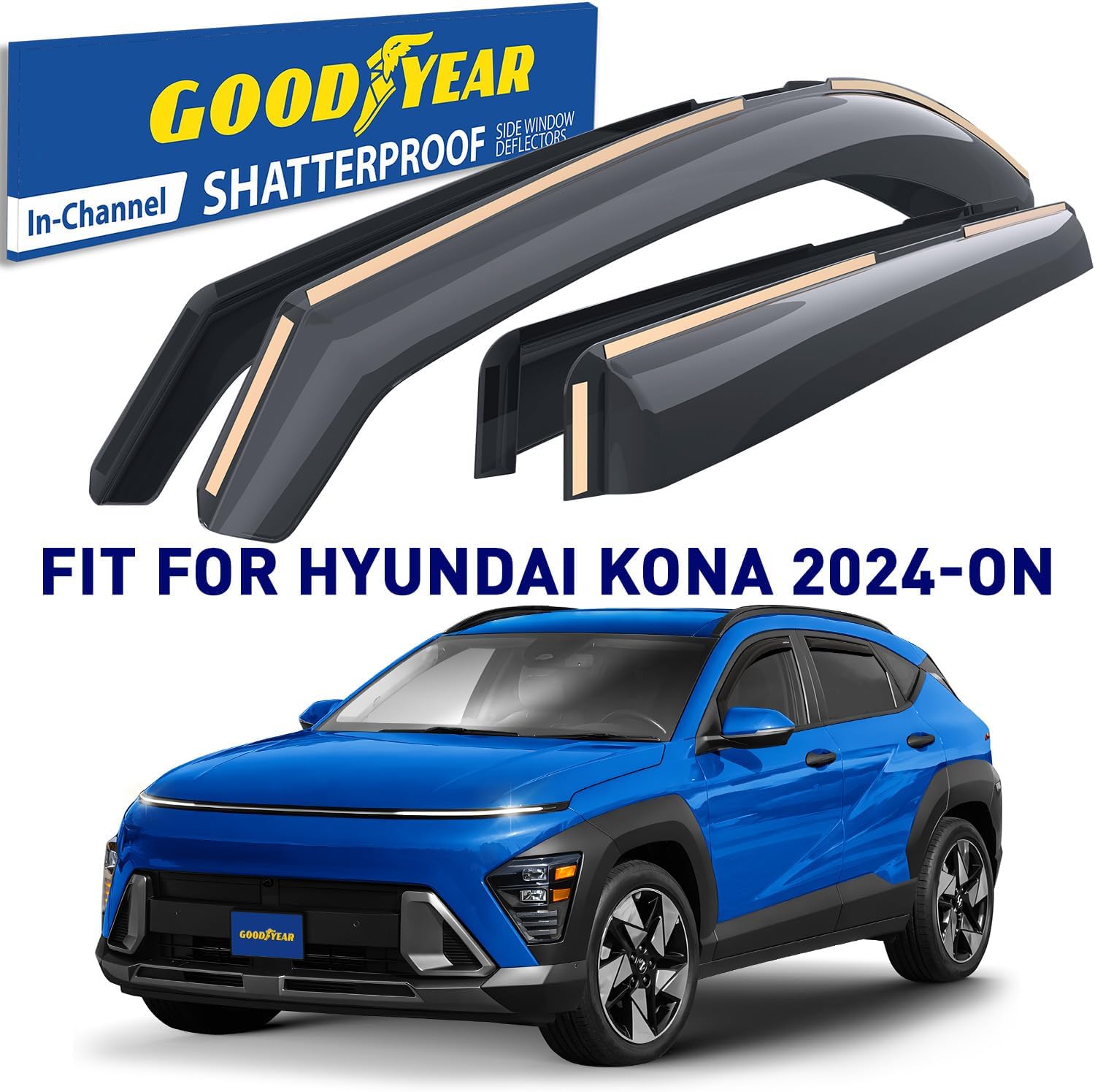 Goodyear Shatterproof in-Channel Window Deflectors for Hyundai Kona 2024-2026, Rain Guards, Window Visors for Cars, Vent Deflector, Car Accessories, 4 pcs - GY008074