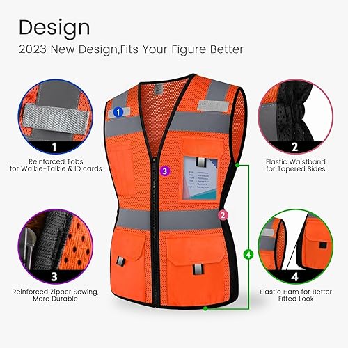 Miniatura 3 de Chaleco de seguridad para mujer con 11 bolsillos y cremallera, chaleco reflectante de alta visibilidad ajustado, chaleco de seguridad de neón para