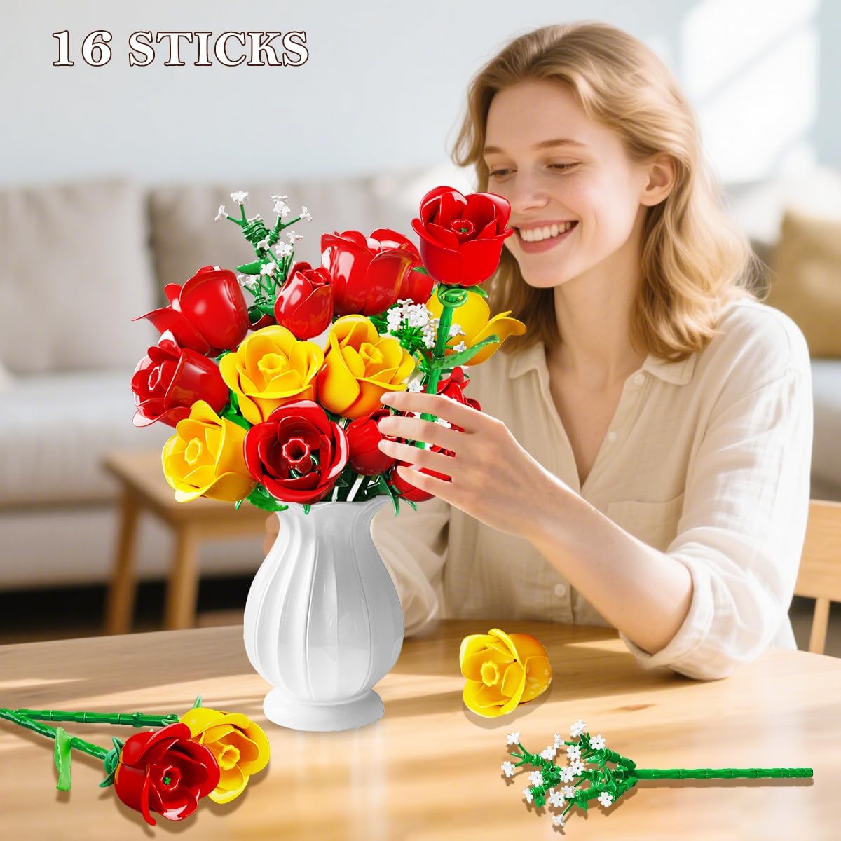 HOGOKIDS Flowers Bouquet Building Set with Lights - 16 Roses Bouquet Botanical Building Blocks Artificial Red Roses Flower for Home Decor Birthday Valentines Gifts for Adults Girl - 387PCS (Yellow) - Image 6