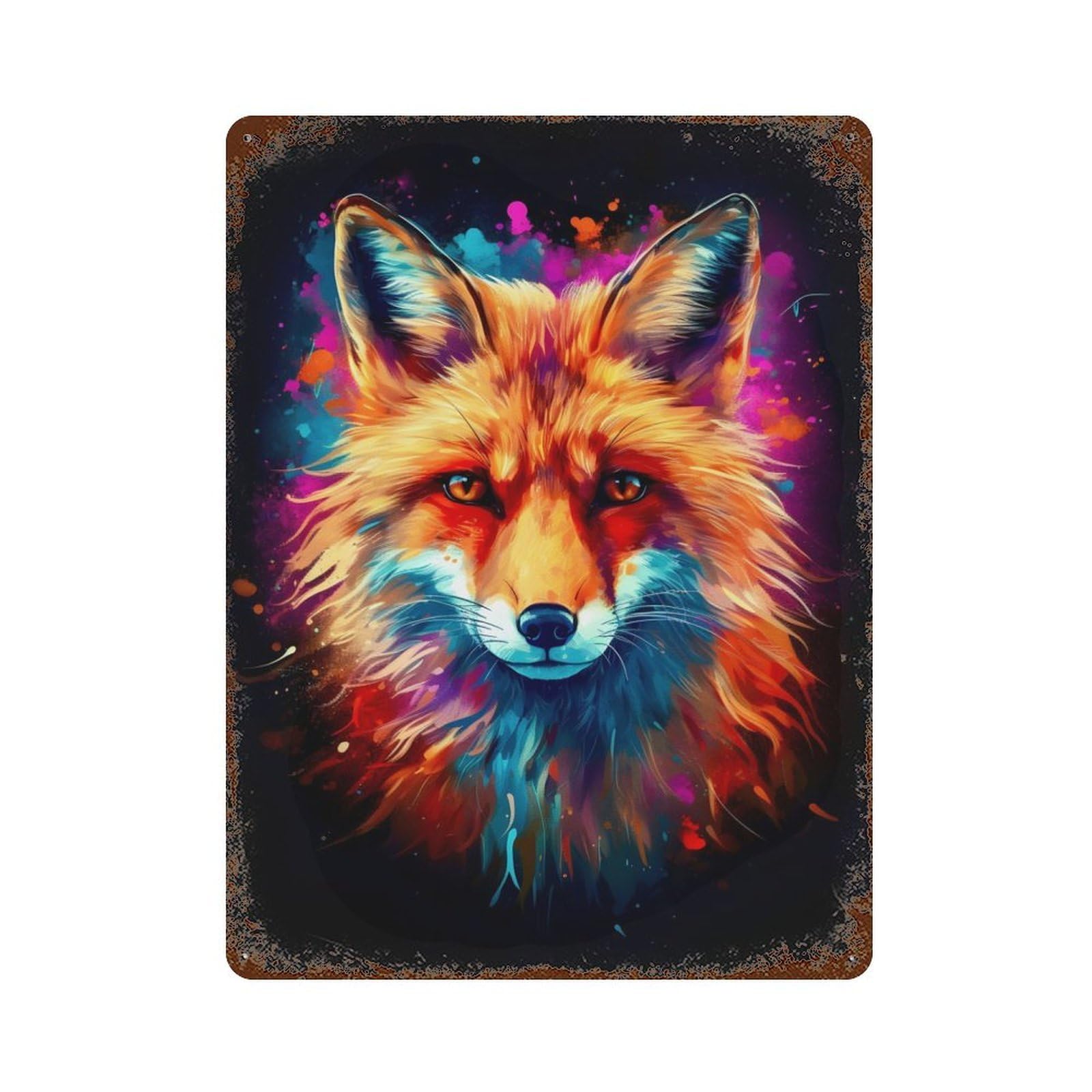 Amazing Fox Art Aged Metal Wall Plaque 15.7"x11.8", Industrial Home Decor for Pub, Kitchen And Man Cave Decor