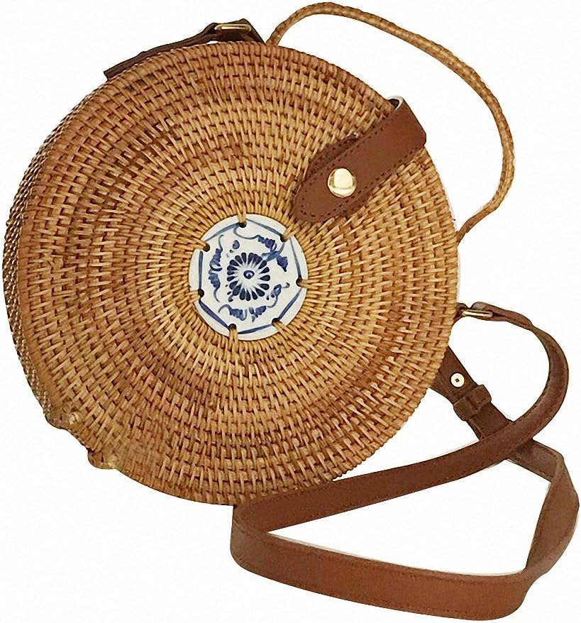 NEW handmade rattan round shapes shoulder bags leather strap bags straw beach bags large size
