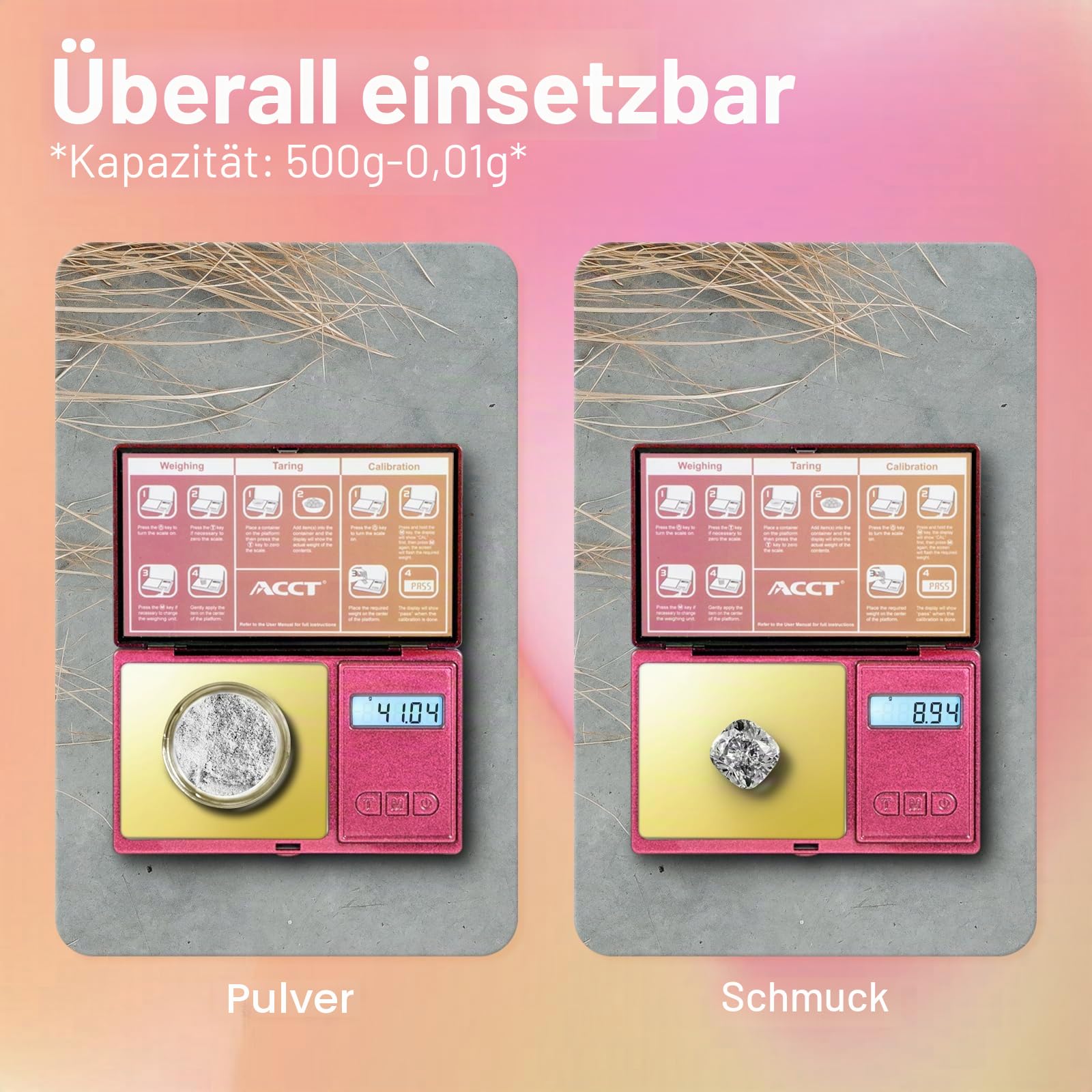 Digitale Taschenwaage, 500 g x 0,01 g, Präzisions-Grammwaage mit Tara-Skala, 6 Einheiten, kleine Unzen-Skala für Schmuck, Pulver, Münzen, Kräuter