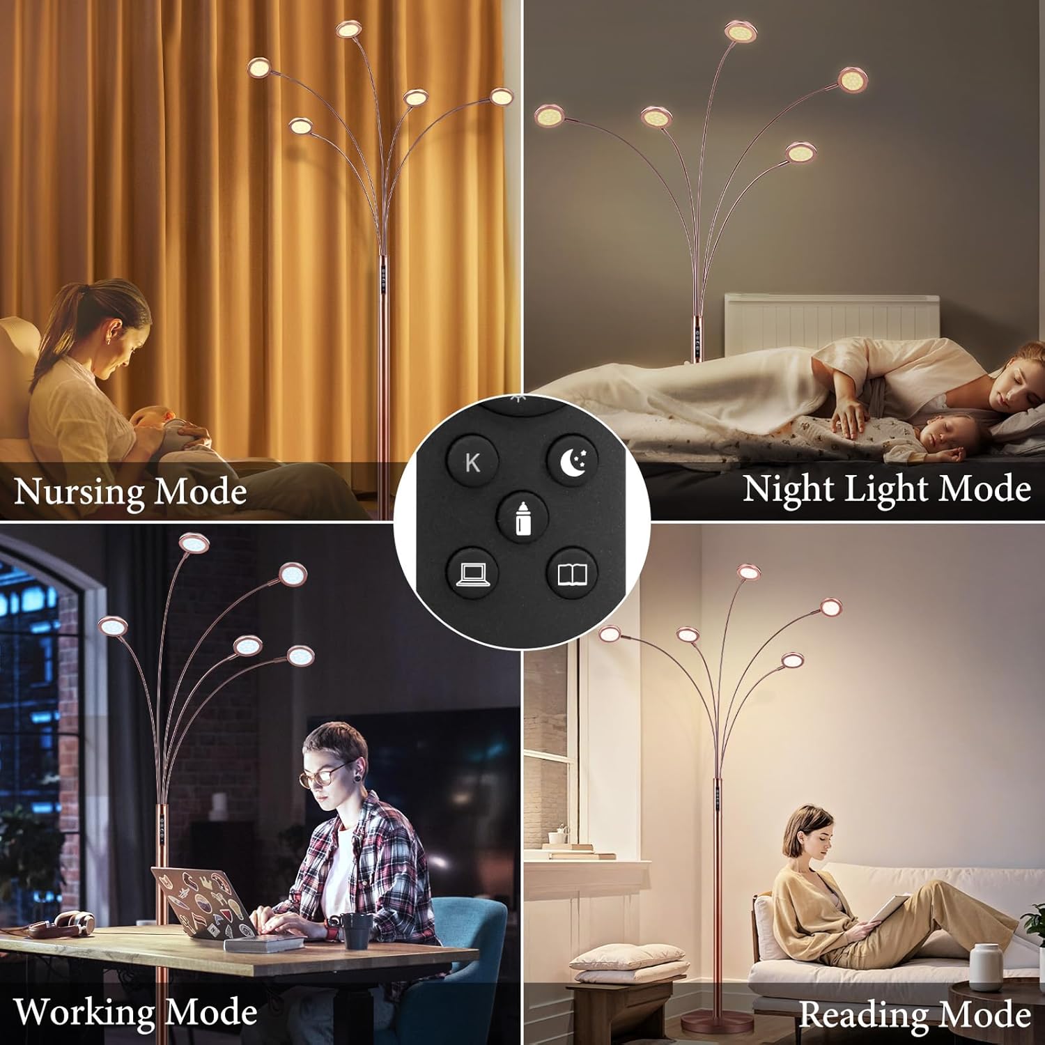 Bairth LED Arc Floor Lamp with Remote, 2250LM Dimmable Floor Lamp with Timer, Adjustable Colors, Brightness & 5 Adjustable Arms, Tall Standing Lamp for Living Room Bedroom, Oil-Rubbed Bronze