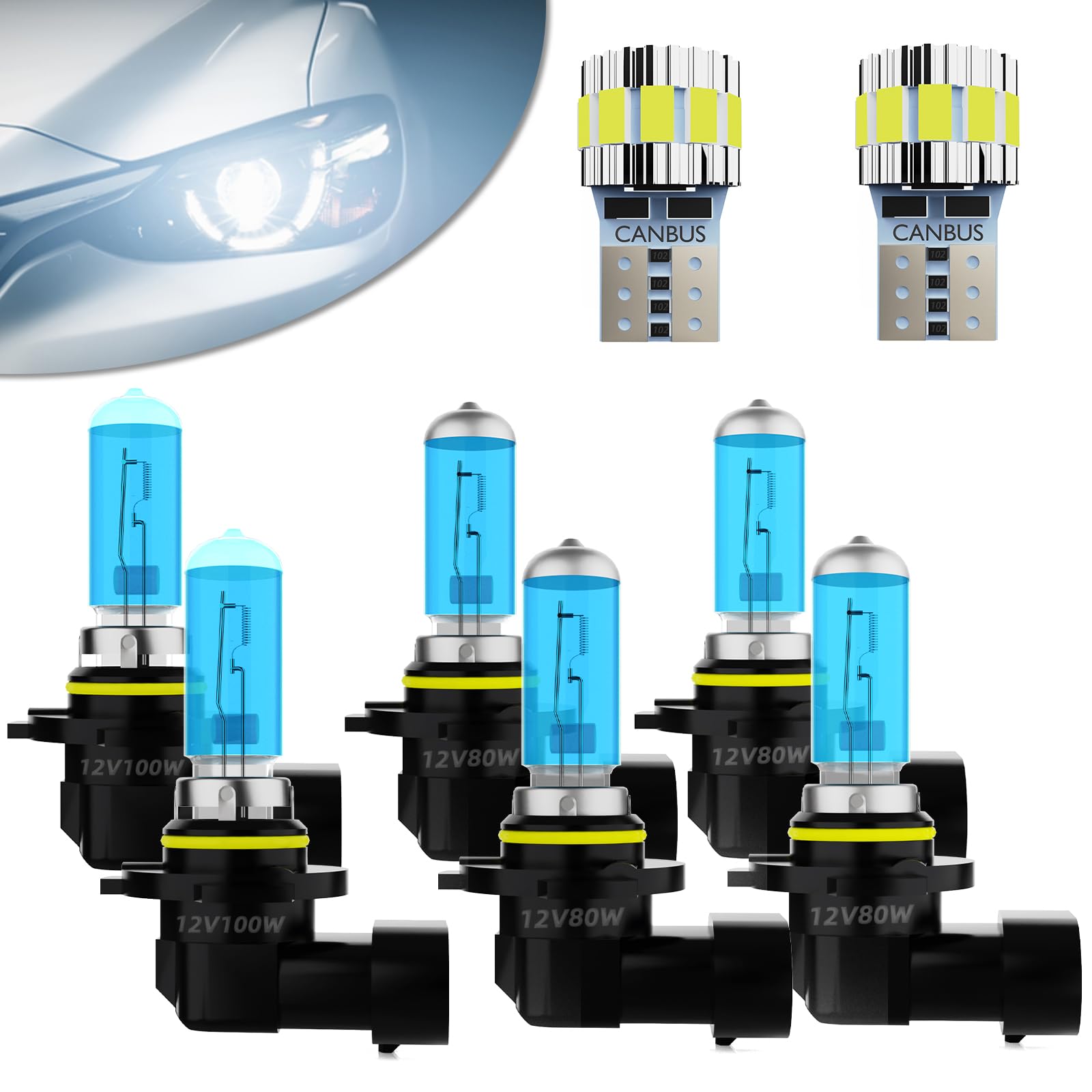 Headlight Bulbs Fit For Toyota 4Runner 2003-2005,9005 High Beam + 9006 Low Beam + 9006 Fog Lights Halogen Light Bulb + License Plate Light Combo,5500k White,Plug-N-Play,Pack of 8