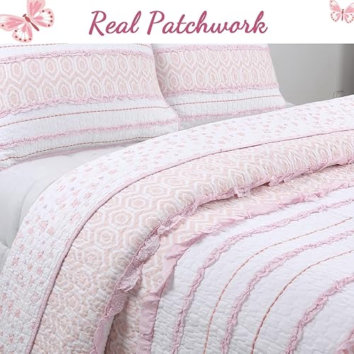 Miniatura 3 de Cozy Line Home Fashions Pretty en rosado - Juego de ropa de cama reversible, 100% algodón con volantes (princesa rosa, Queen, 5 piezas 1 edredón + 2