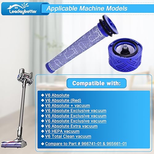 Miniatura 2 de Leadaybetter V6 Filtros de repuesto para aspiradora Dyson Absolute Total Clean inalámbrica, paquete de 2 repuestos HEPA y pre filtro, comparado con