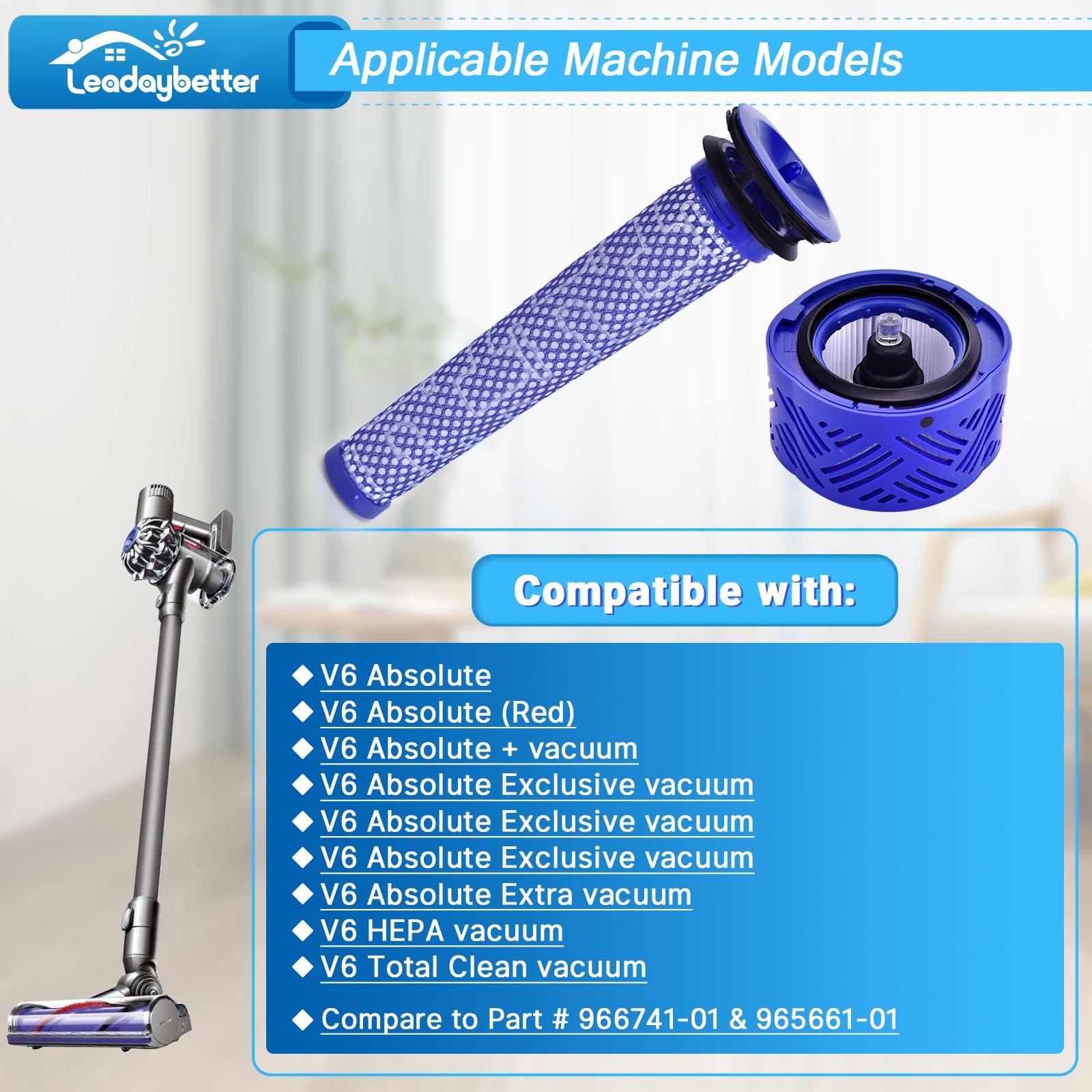 Leadaybetter V6 Filters Replacement for Dyson Absolute Total Clean Cordless Stick Vacuum, 2 Pack Post HEPA and Pre Filter Replacements, Compare to Part # 966741-01 & 965661-01