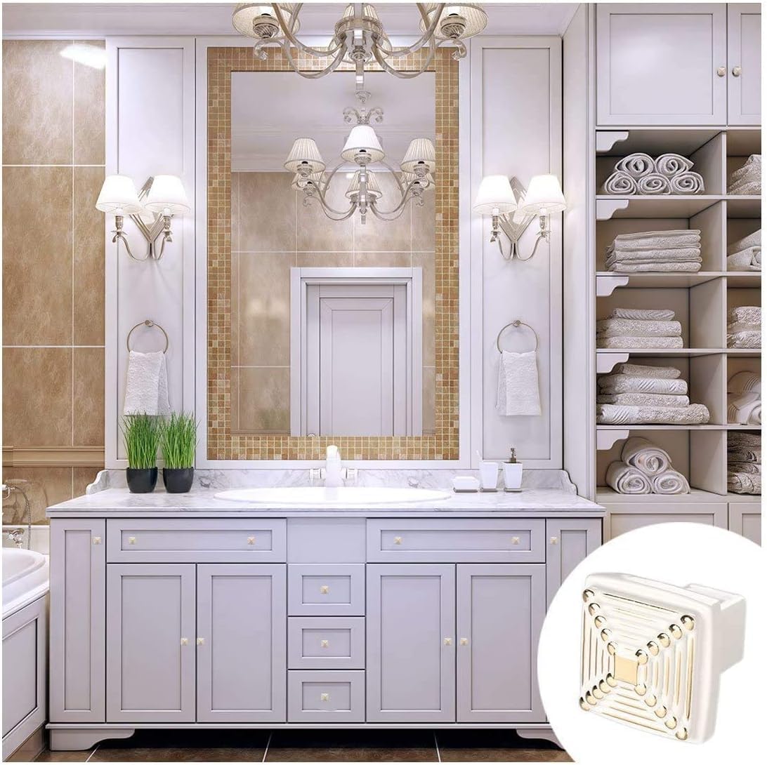 Ring pull，door handles,Retro Pull Handles,Round Knobs, 6 Pieces Drawer Knob Metal Furniture Simple Modern Cabinet Door Hardware Cabinet Drawer Pulls Handles Square Knobs White with Gold Lines and Dots