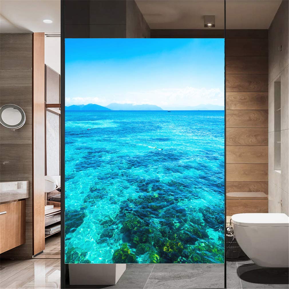 Xijier Window Film Privacy Non-Adhesive Frosted Static Cling Home Office Seaside View Decorative Stickers Glass Door Coverings 42x65cm(16.5
