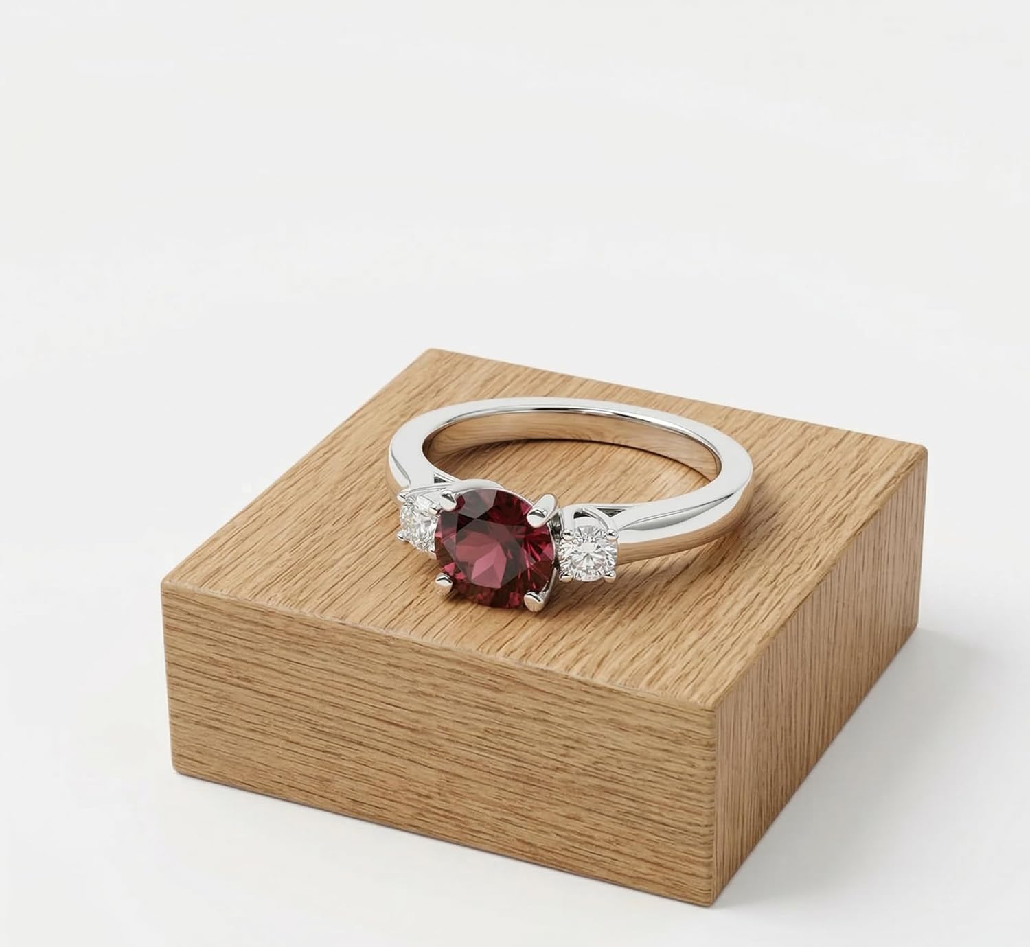 JUS Natural Rhodolite Garnet, Aquamrine, Black Onyx Ring Round Cut Engagement Ring, 925 Sterling Silver Ring with Side Accent Stones, Handmade Gemstone Jewelry