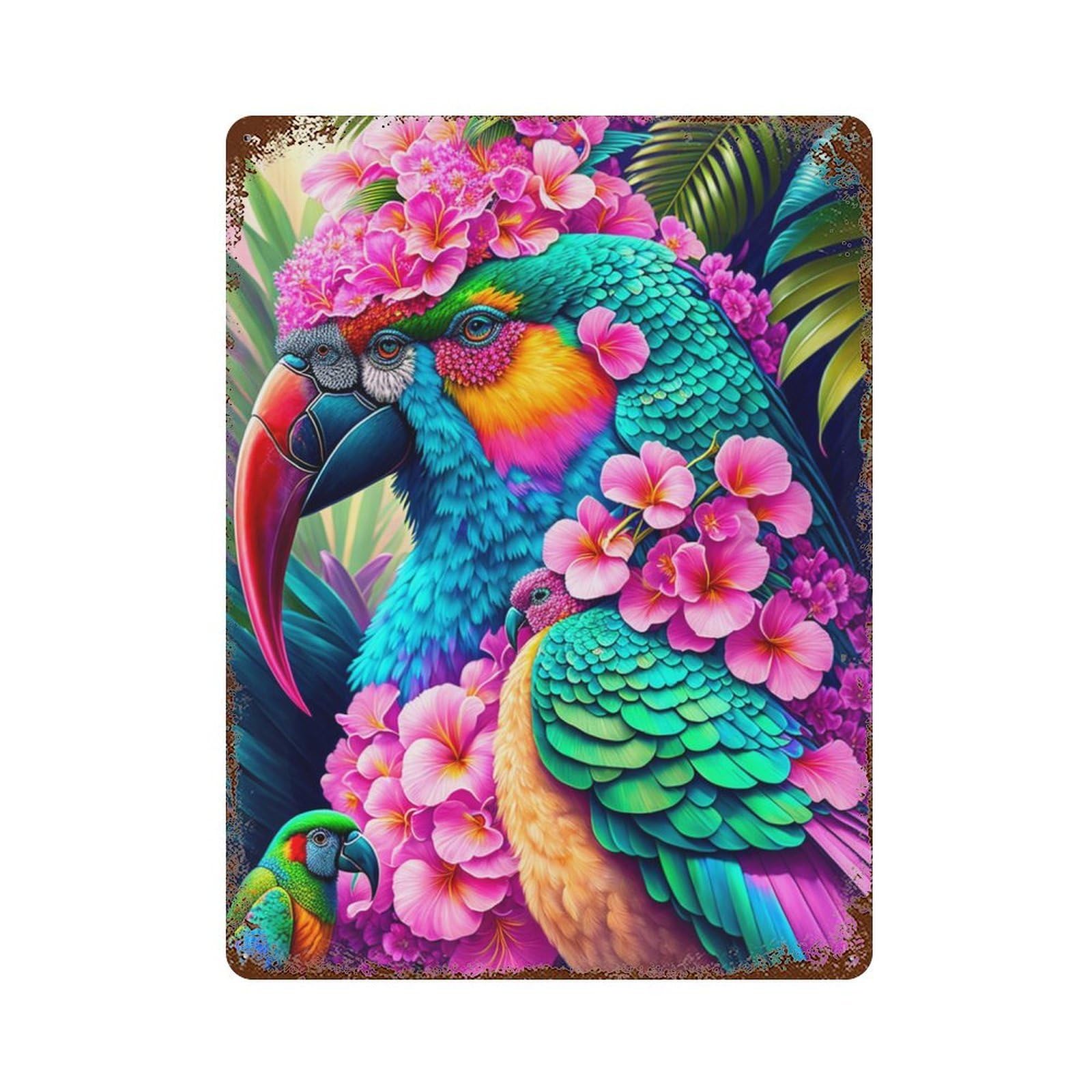 Tropical Parrot Paradise Rust Effect Tin Sign 15.7"x11.8", Vintage Wall Decor for Bistro, Counter And Cafe Decor
