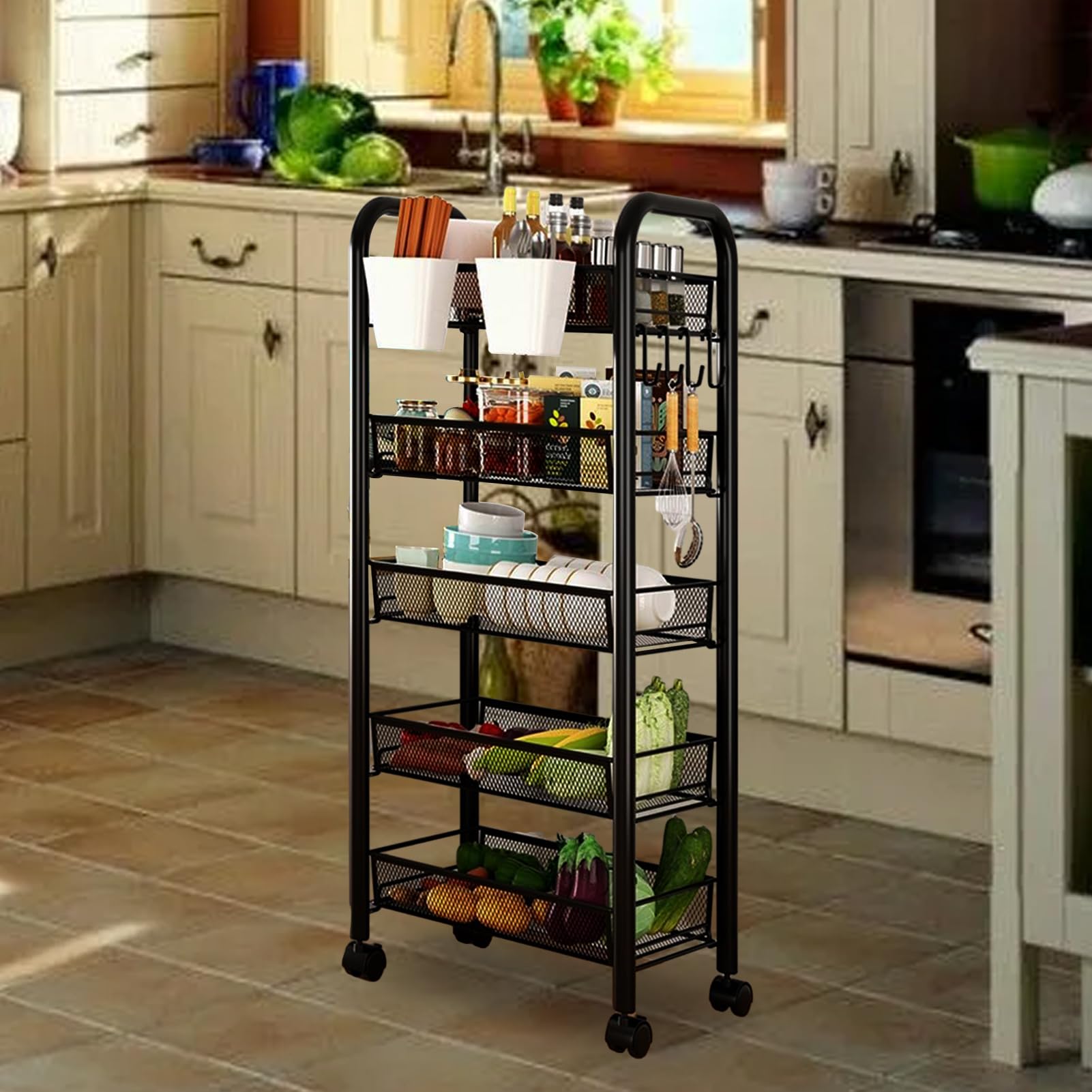 Carrello portaoggetti impilabile in rete metallica con ruote a 360°, design a 5 ripiani, per dispensa della cucina e organizzazione del bagno