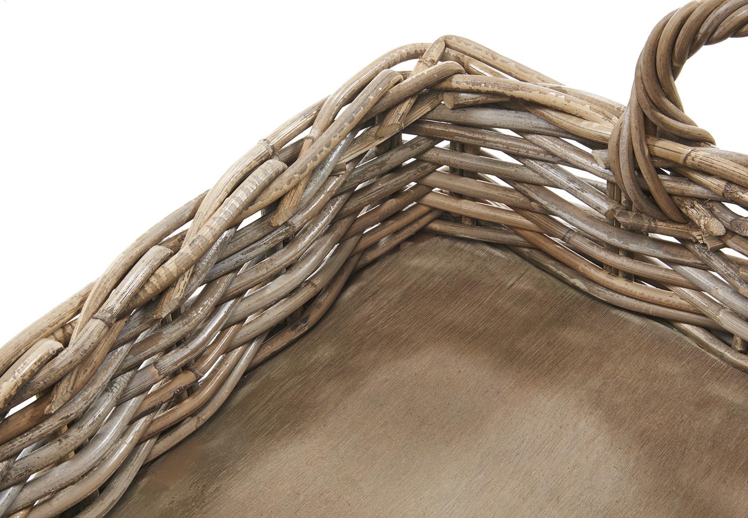 Kobolo Serviertablett aus Rattan | 56x38x12 cm | grau | eckig mit Holzboden & Griffen | handgeflochtenes Tablett im Landhausstil | Robustes Dekotablett für Küche, Wohnzimmer, Couchtisch oder Terrasse