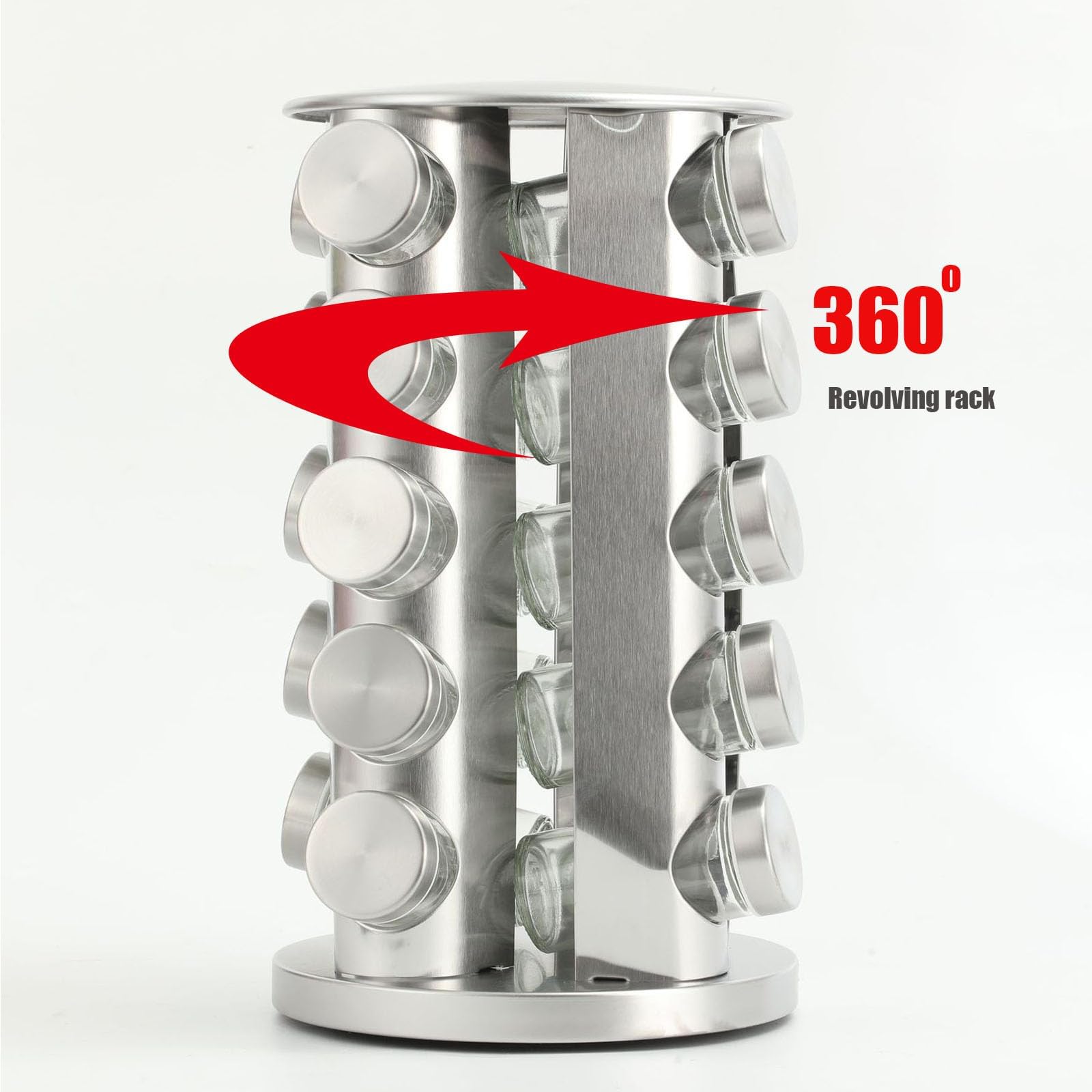 épices rotatif avec 20 pots d'épices, organisateur de tour d'épices de cuisine pour comptoir ou armoire, gadgets de cuisine (acier inoxydable). (Silver, 20)