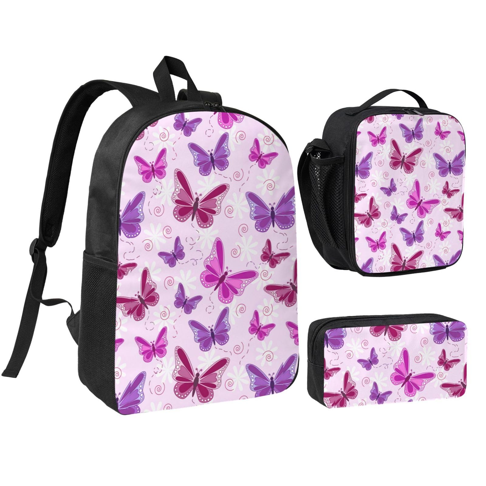Jbjgkhlp Black Pink Butterfly Print School Backpack Set Lunch Bag Pen Case School Travel Outdoor Activities Shopping